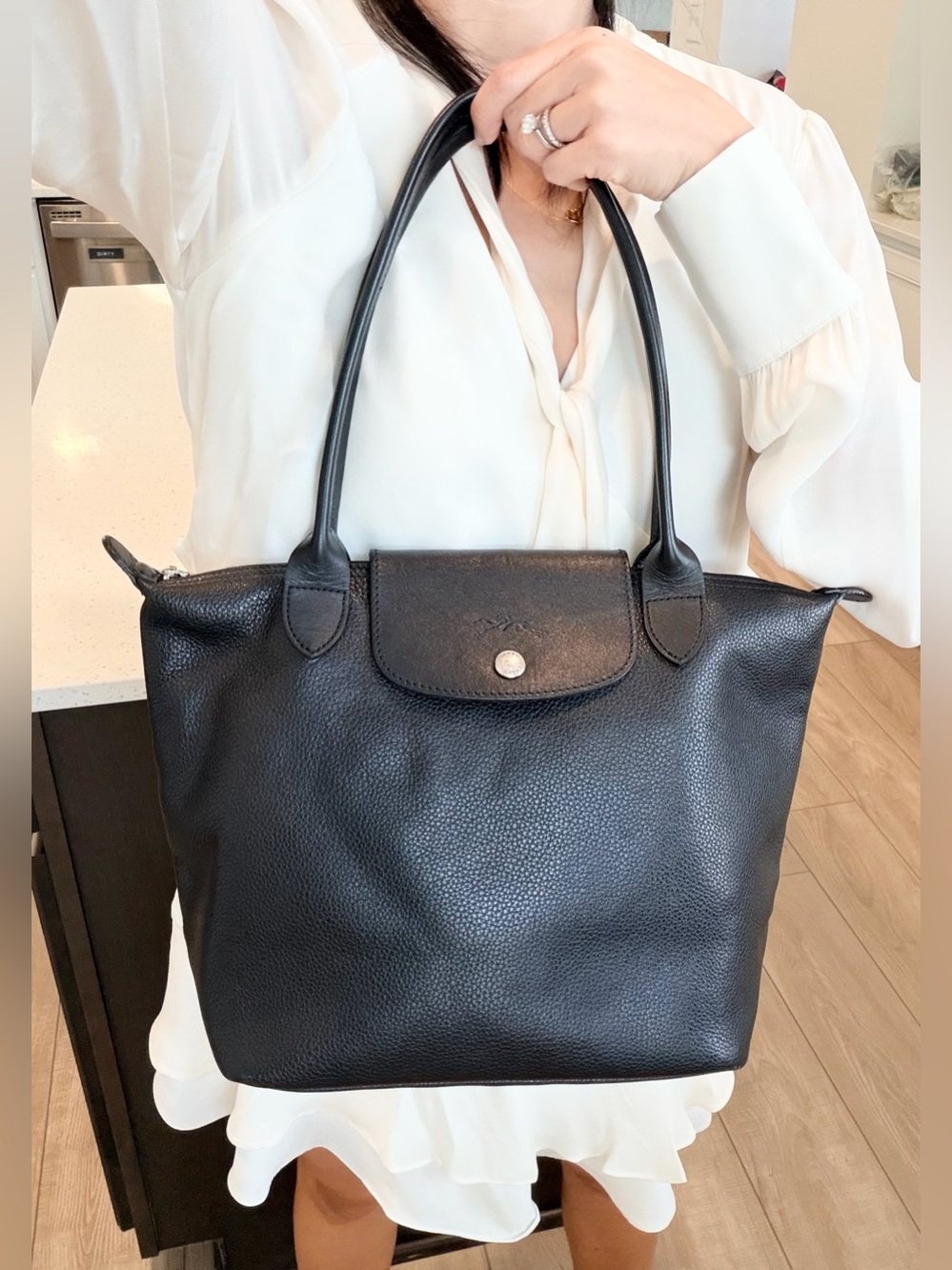 Auth Longchamp Le Pliage Cuir Medium Black Leather Tote